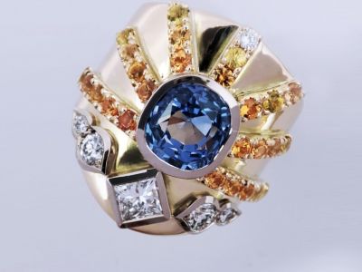 Sapphire and Diamond Sunburst Ring